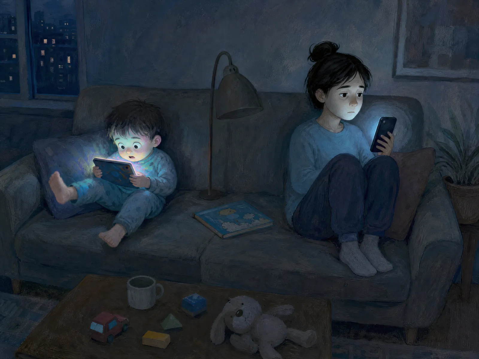 A small child on the sofa stares into a glowing tablet while a drained parent scrolls their phone at the other end, the reading lamp off and a picture book left closed between them