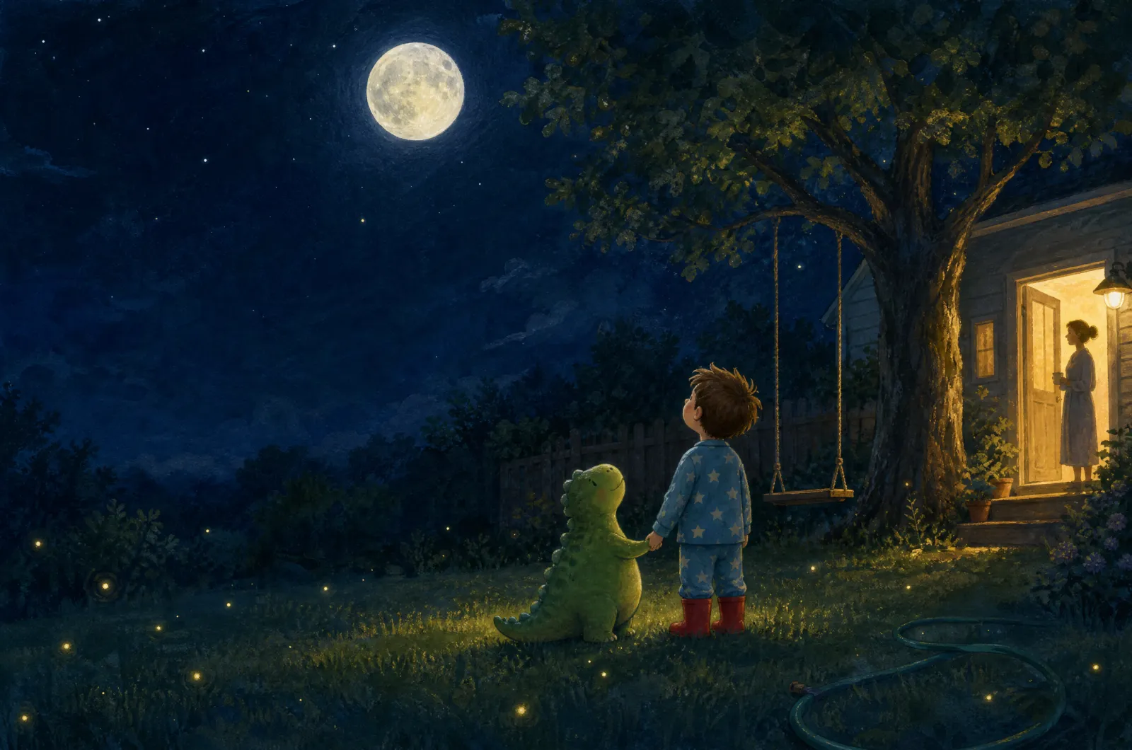 Tim and Pickle, a little green dinosaur, holding hands in the backyard at night under a big moon